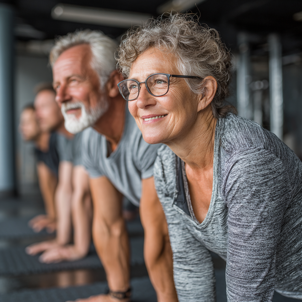 Grup de seniori practicând exerciții de fitness în aer liber, zâmbind și arătându-se energici